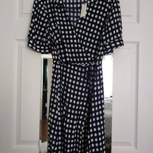 Navy/cream polka dot wrap dress, above knee length